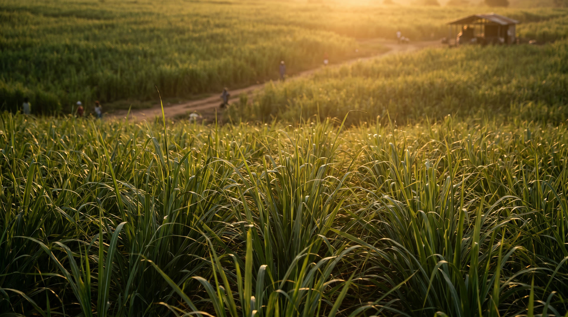 A kenaf plantation field bathed in golden hour light