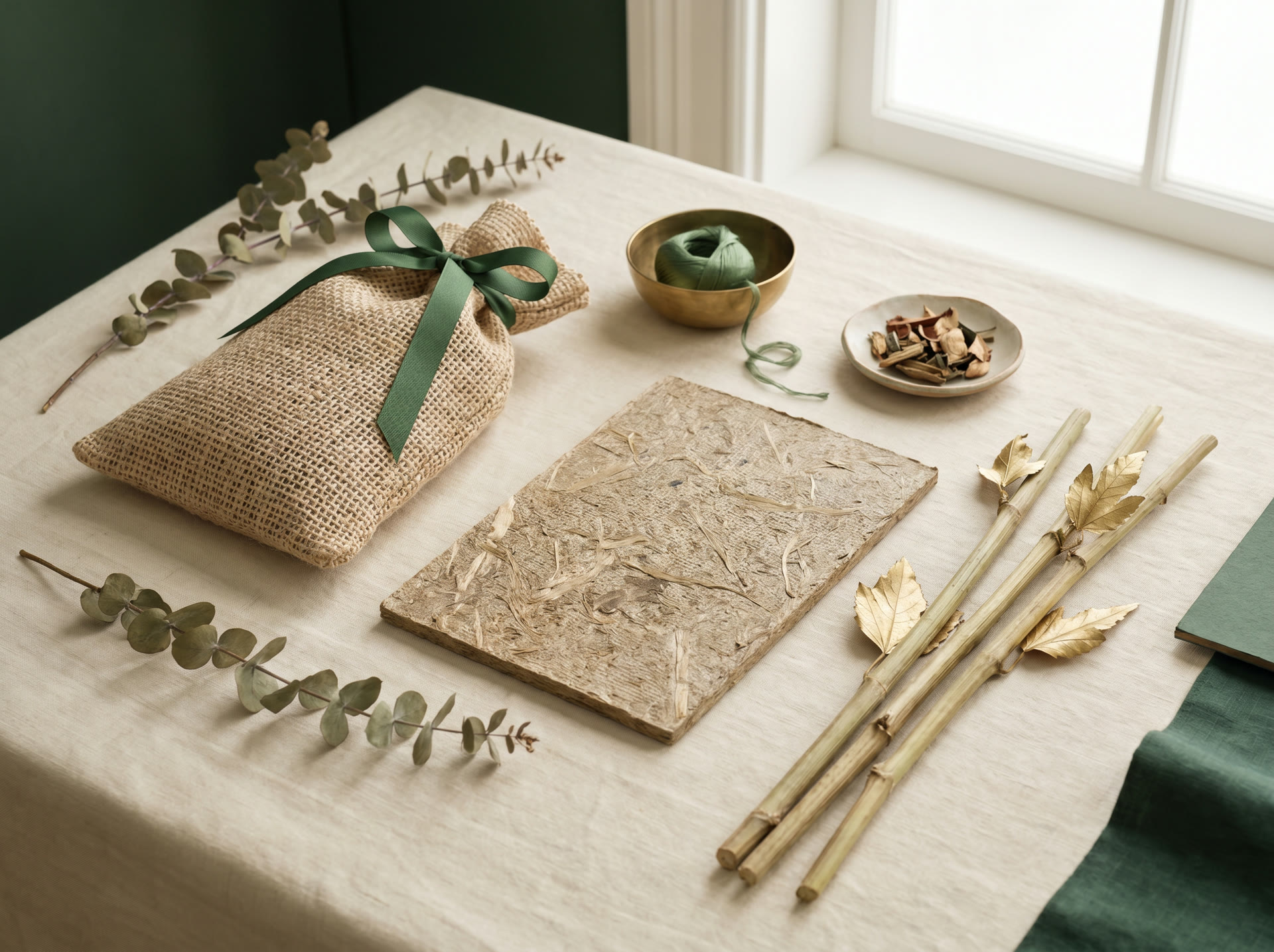 Flat-lay of sustainable products made from natural plant fibre