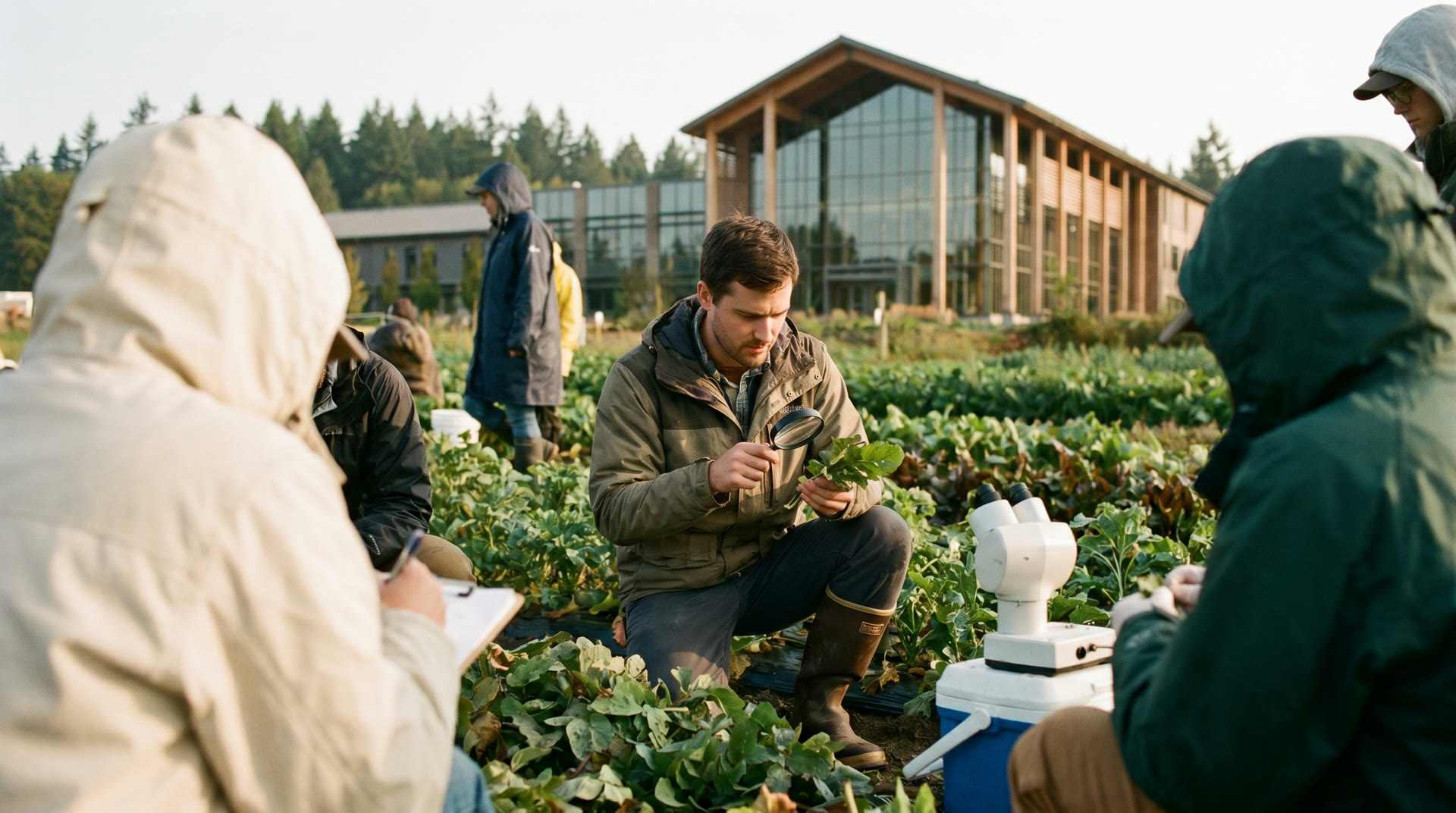 Researchers collaborating in an agricultural field